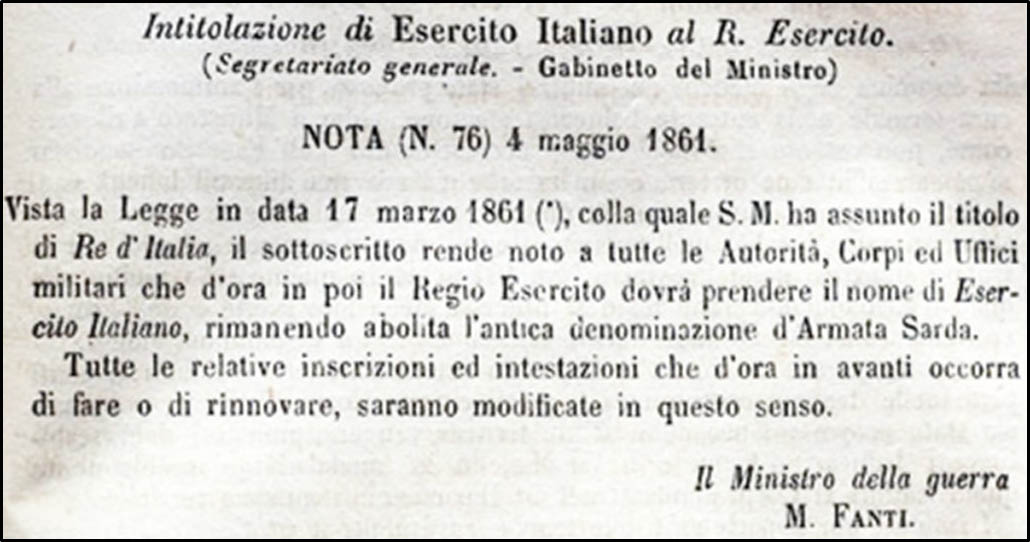 4 Maggio 1861 Nascita dell’Esercito Italiano