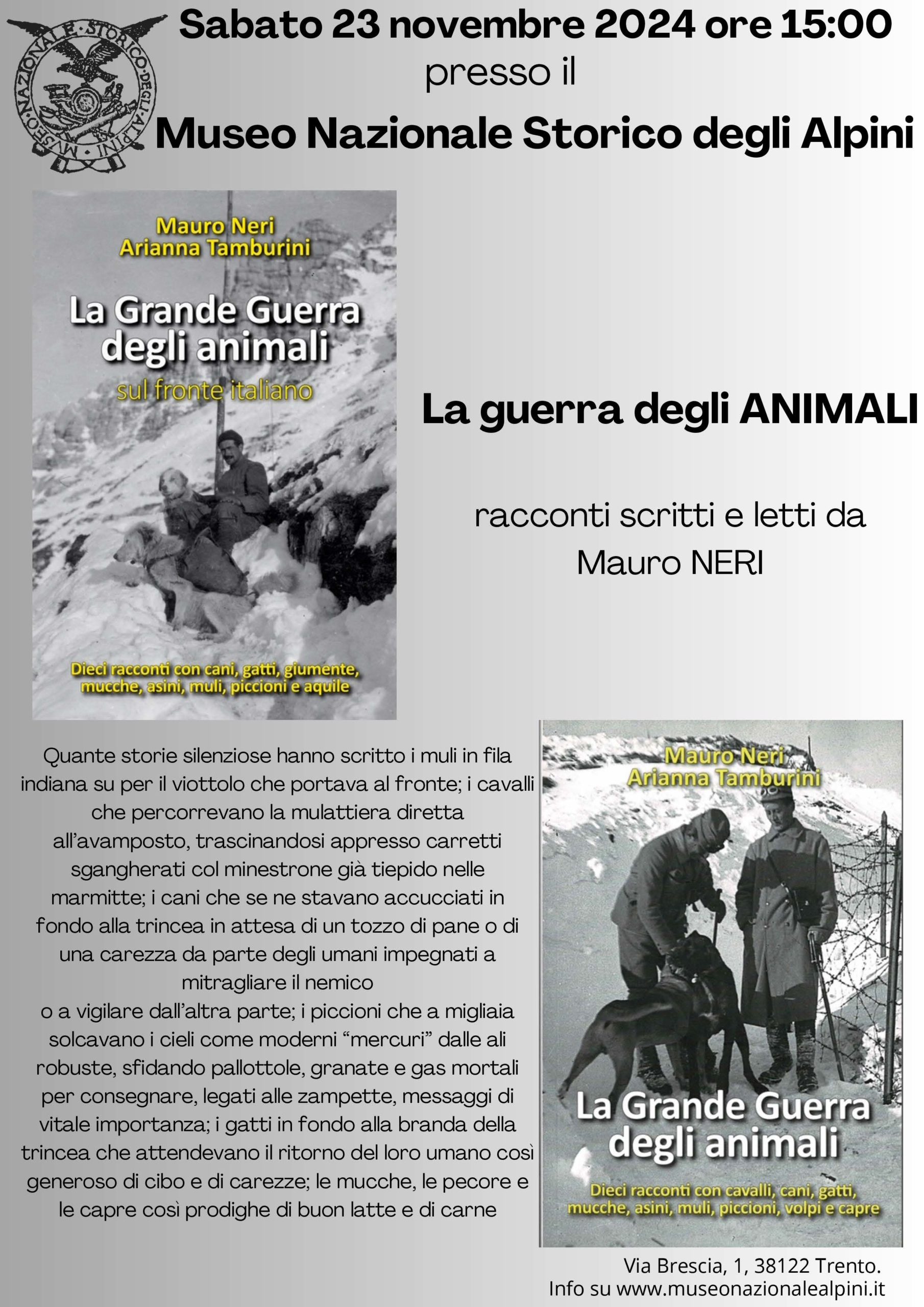 23 novembre 2024 “LA GUERRA DEGLI ANIMALI” racconti scritti e letti da Mauro NERI